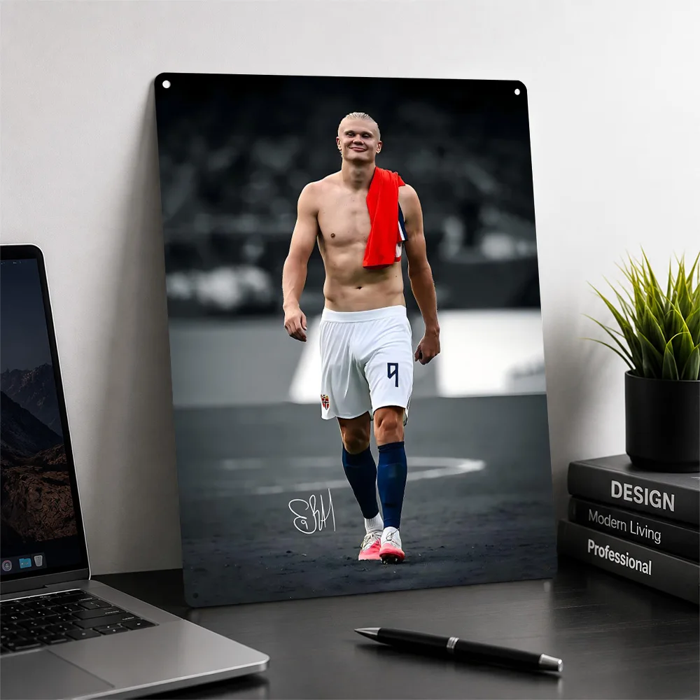 Erling Haaland Portrait Personalized 3D Textured Metal Poster Wall Art Tinplate Sign for Bathroom Decor Room Decorating Interior