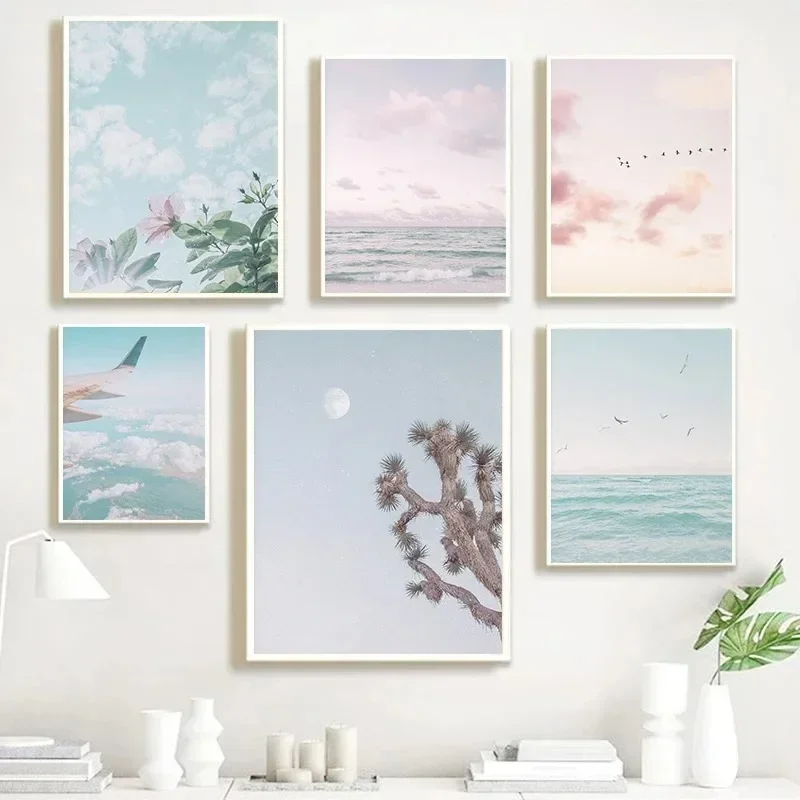 1pc frameless Canvas painting Birds Flying Blush Pink Blue Sky Pastel Cloud Sunset Posters Wall Art Pictures Canvas Painting Liv