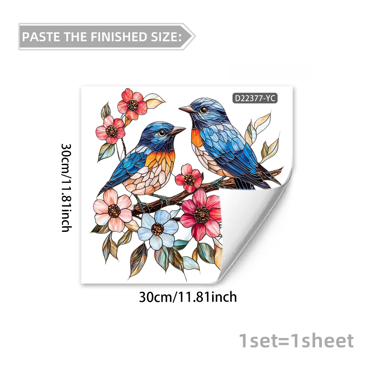 Tree Bird Flower Window Cling Sticker with Static Adhesion for Home Office Bathroom Decor 11.81x11.81in PVC Blue