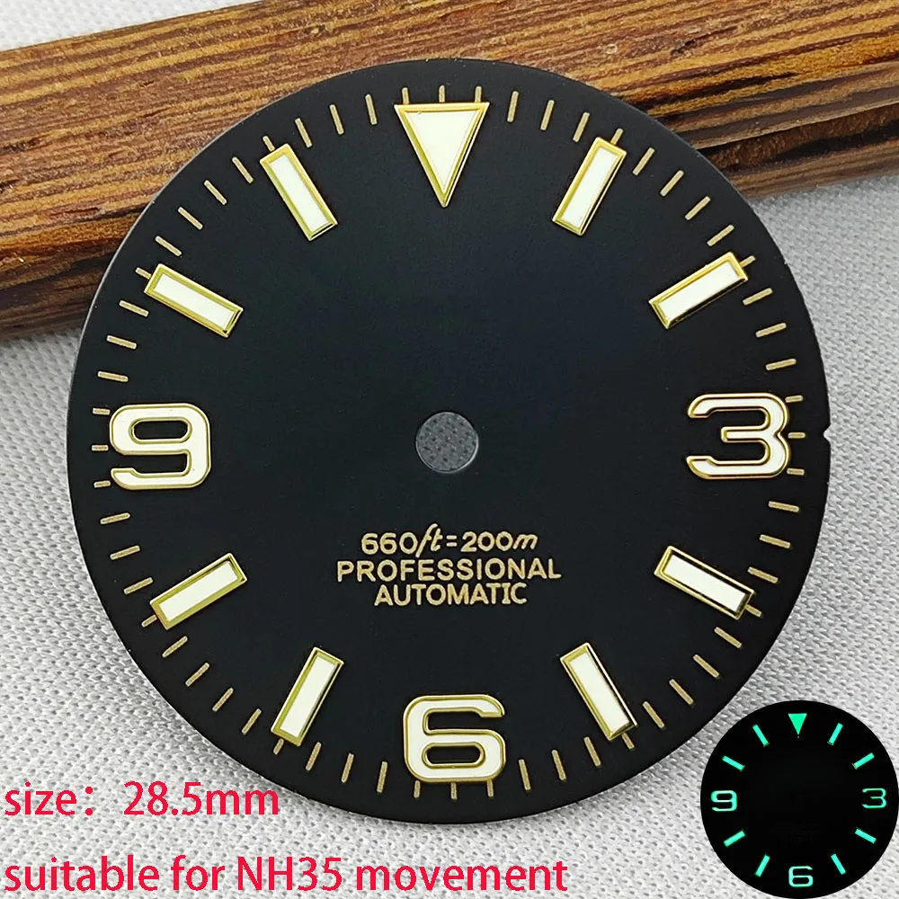 Esfera de reloj NH35dial S de alta calidad, 28,5mm, verde luminoso, adecuado para movimiento NH35 NH36, accesorios de reloj, herramienta de