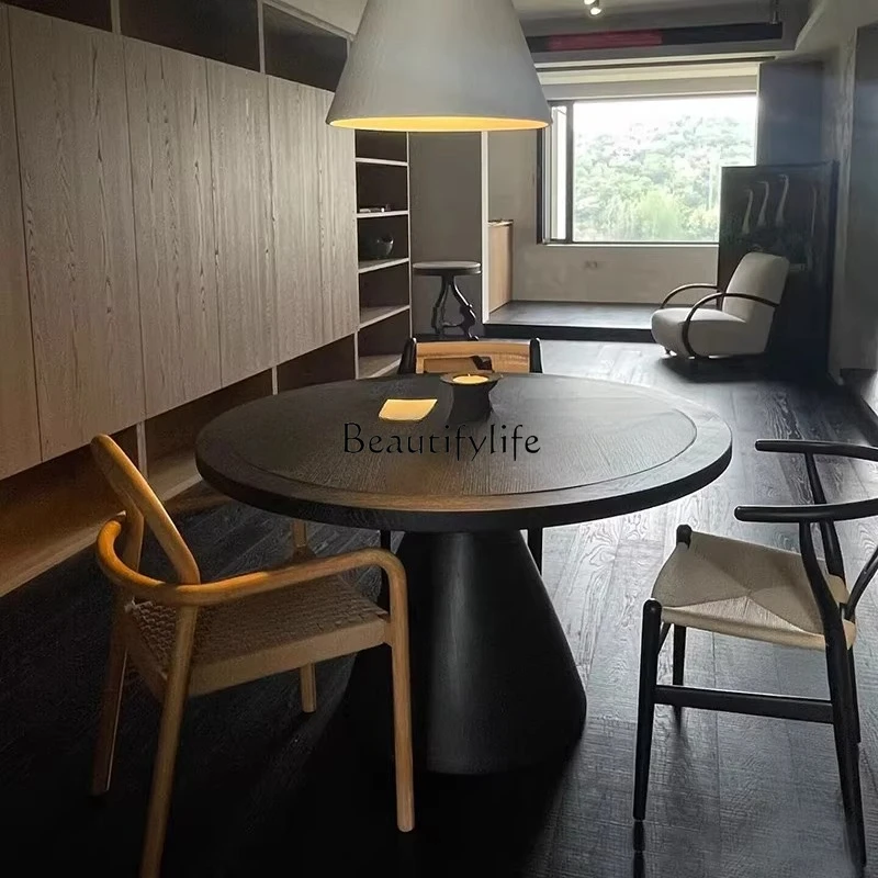 

French black retro solid wood dining table antique living room household round dining table