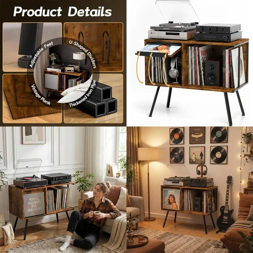 

Большая подставка для проигрывателя виниловых пластинок в винтажном стиле, вмещает более 150 альбомов, открытая полка для хранения в гостиной или спальне, цвет: рустик-коричневый