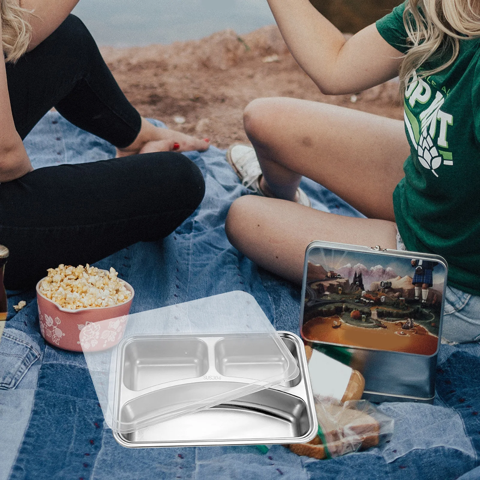 

304 Stainless Steel Divided Food Plate Multi-Grid Design Suitable for Camping Picnic Hiking Travel Fast Food Tray