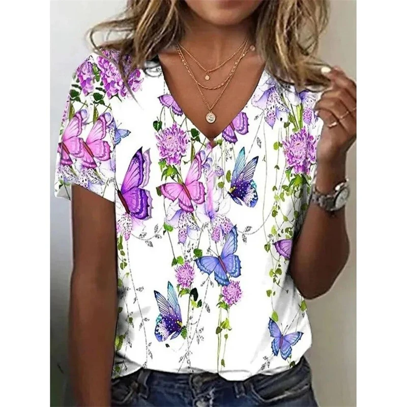 Summer Flower Floral Graphic T-shirts Women Trendy Streetwear Harajuku T Shirt Y2k Tops V-Neck Tees 3D Printed Women Clothing