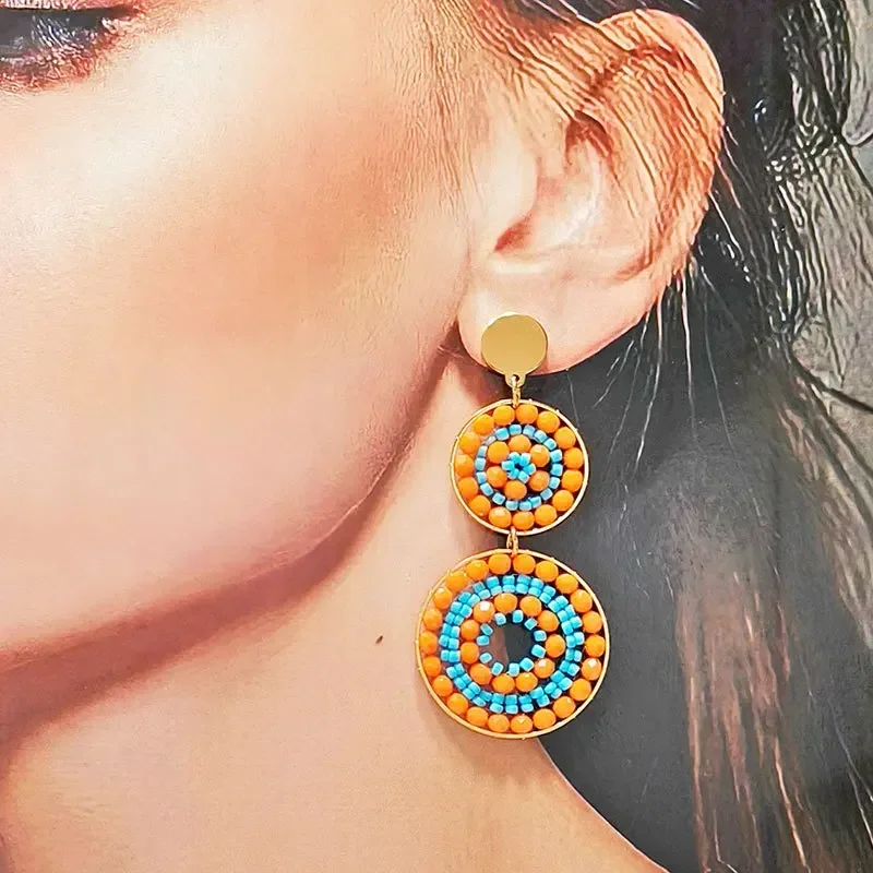 Bohemia Rice bead earrings Circle Orange red Crystal Hand weaving Alloy Personality Female Ethnic style Beaded earrings Retro