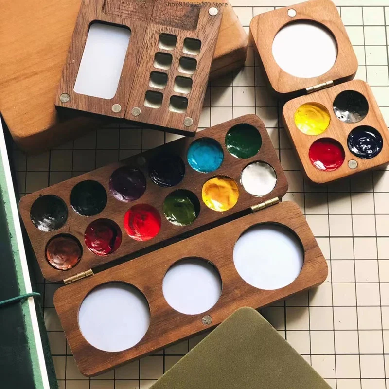 Portable Wooden Handmade Watercolor Paint Box Empty Box Mini Black Walnut Paint Palette Painting Supplies