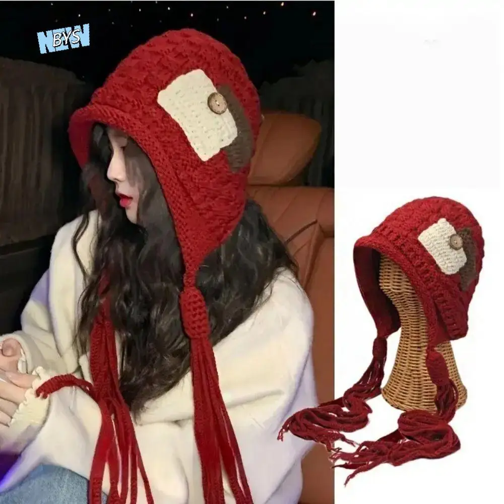 

Fashion Long Tassels Crochet Knitted Hat Wool Vintage Knit Beanies Warm Retro Ear Protection Hat Autumn