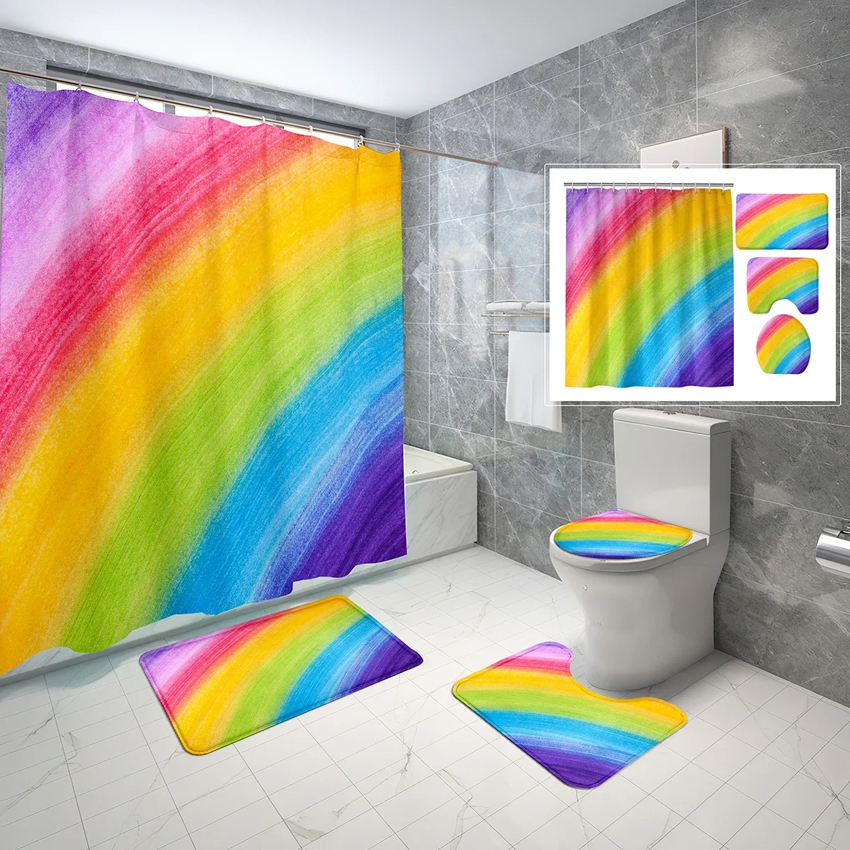 

4 Pcs Rainbow Theme Shower Curtain Sets Creativity Cartoon with Non-Slip Rugs Toilet Lid Cover and Waterproof Shower Curtain Set