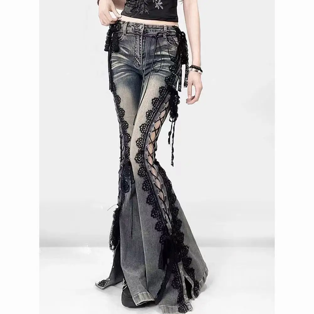 Low Rise Laced Split Bootcut Pants Women Jeans Do Old Sexy Skinny Hollow Out Bell Bottoms Retro Y2k Streetwear Aesthetic