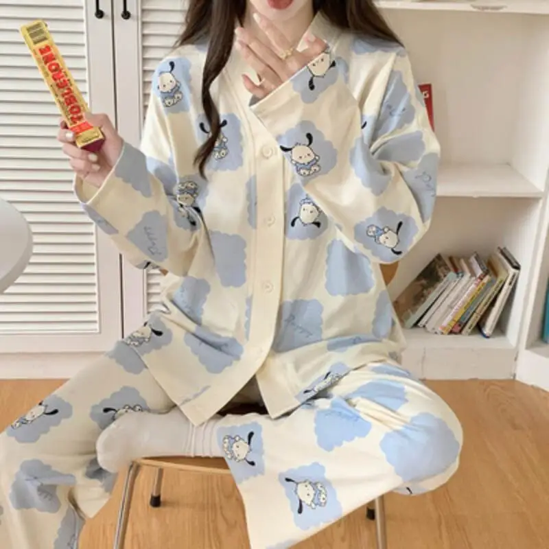 Kawaii سينامورول أنيمي Pochacco المرأة منامة الكرتون نمط الشابات ملابس المنزل في سن المراهقة تي شيرت مطبوع بلايز عادية السراويل