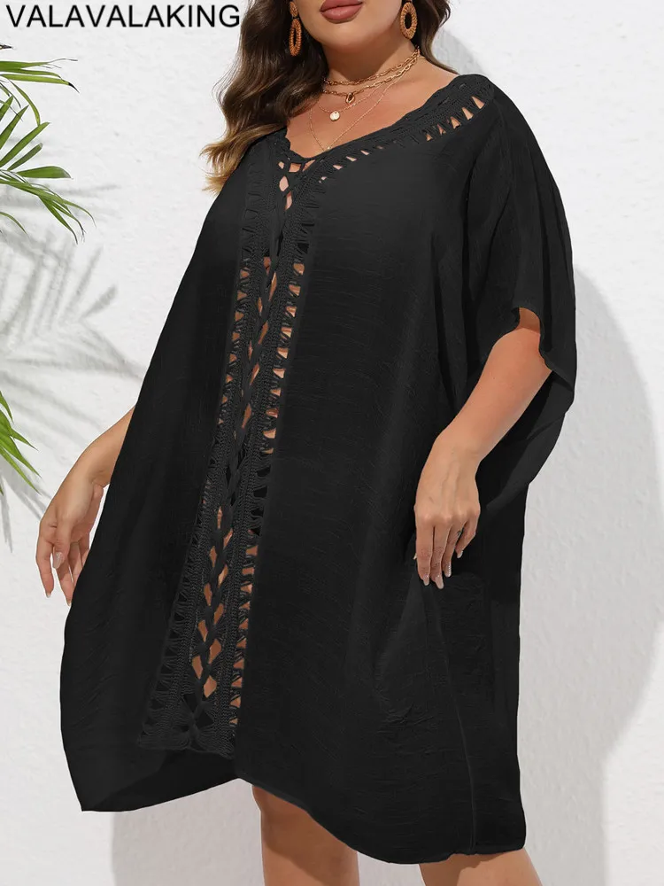 2025 Solid Women Plus Size Bikini Cove Up Short Sleeve Large Big Tunic Lady Chubby Beach Dress Summer Hollow Swimsuit Cover-Up