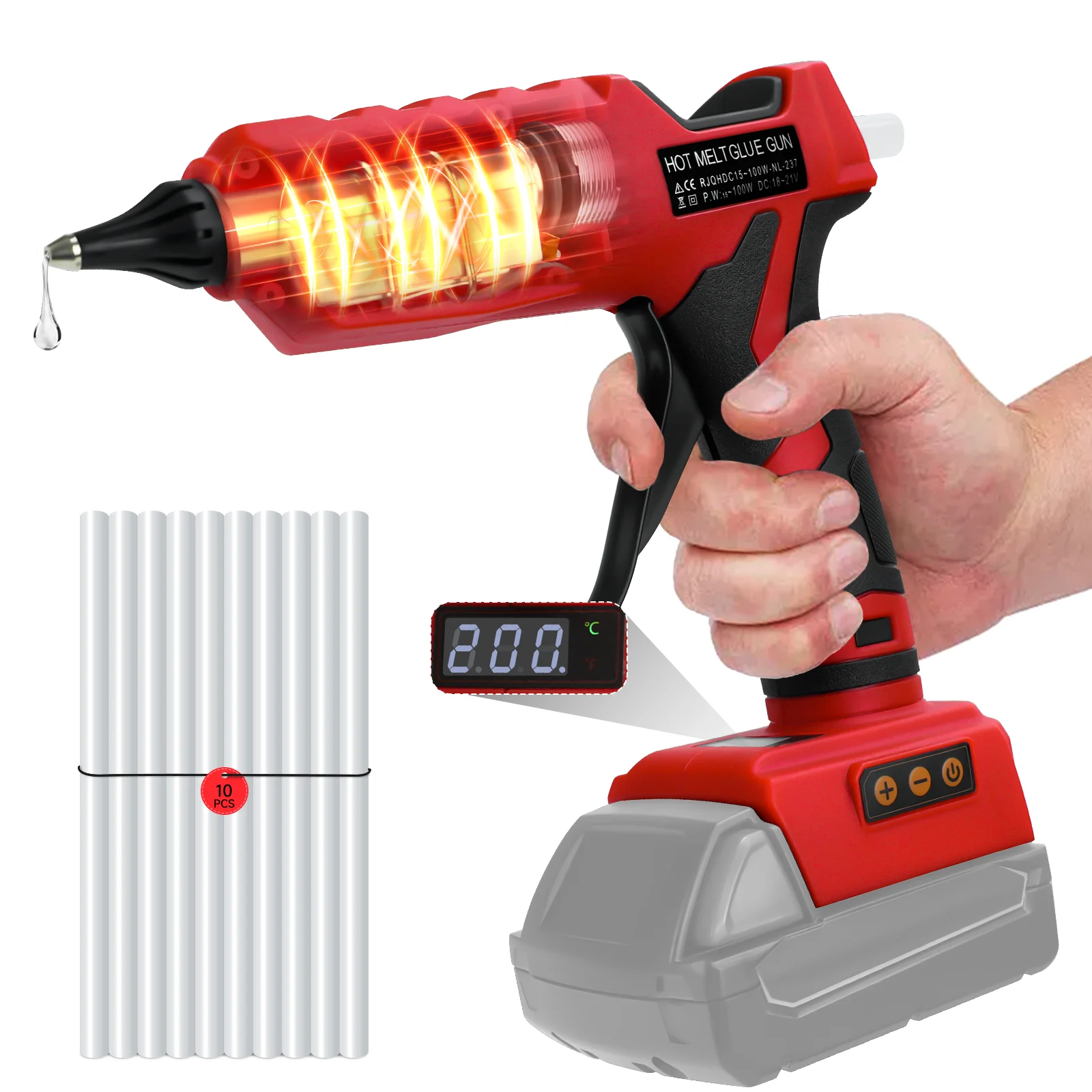 

100W Cordless Hot Glue Gun 100°C-200°C Temp Adjust LCD Digital Display with 10Pcs 11mm Glue Sticks for Milwaukee 18V Battery