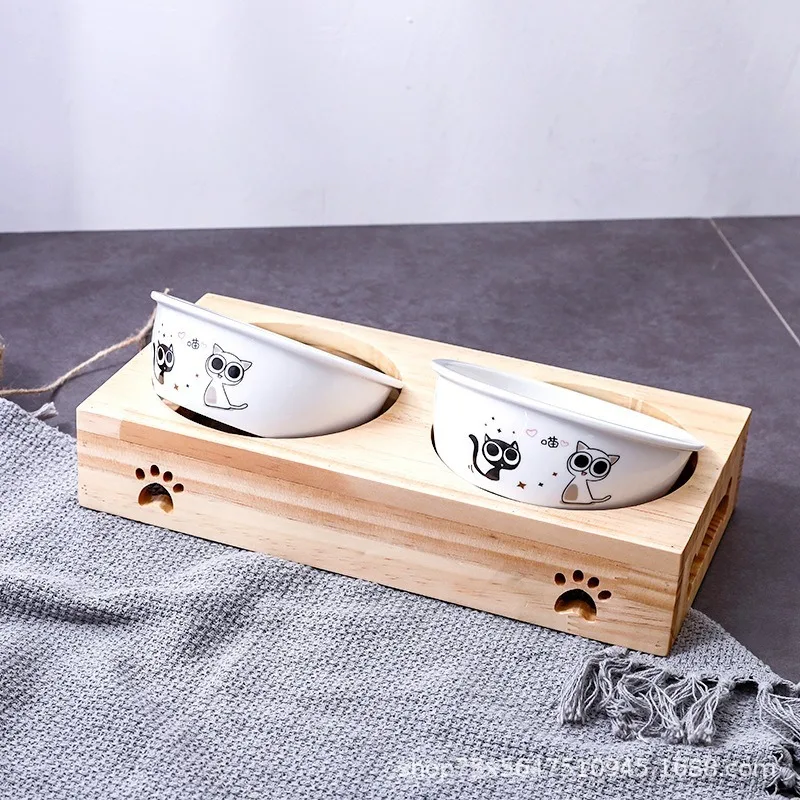 고양이 Pet Dog Cat Ceramic Bowl Bamboo Wooden Table Into A Kitten Skid Resistant Double Bowl Small Dog Food Bowl 강아지밥그릇