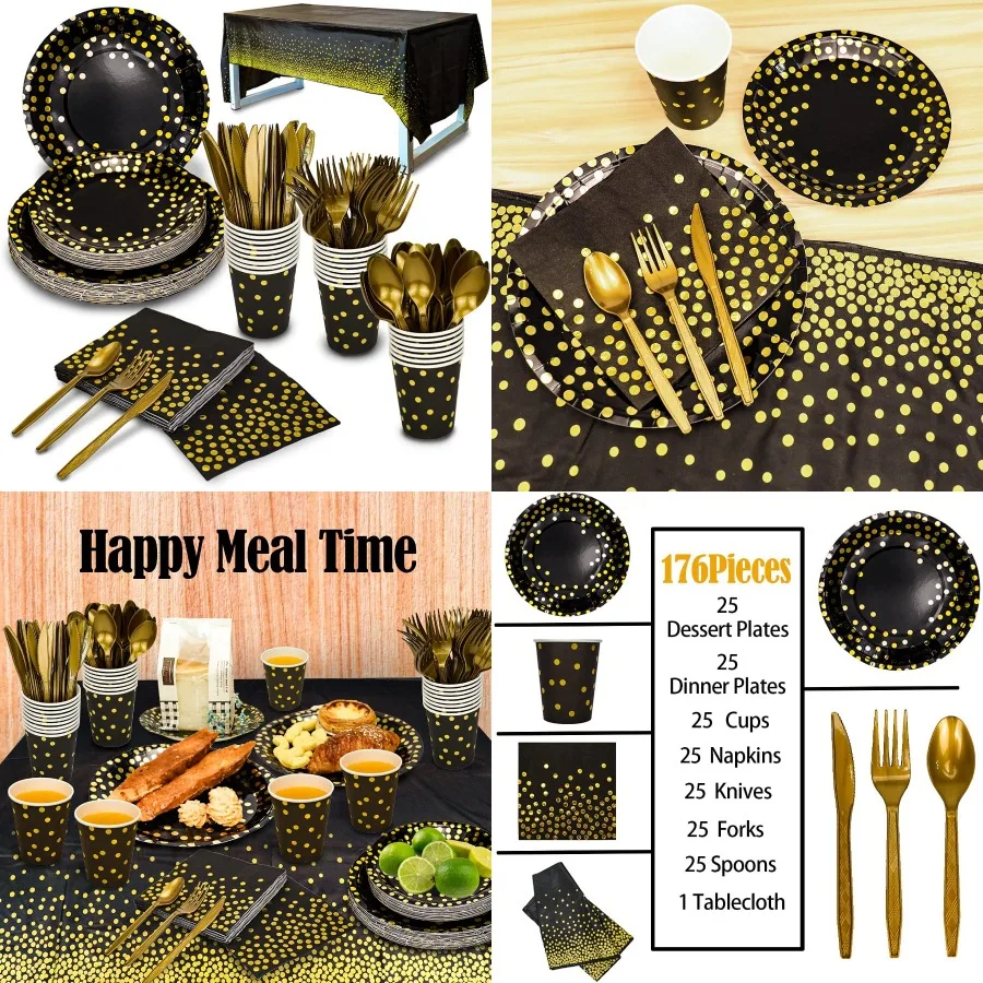 

176 шт., набор золотой одноразовой посуды для вечеринок с дизайном золотого точек для элегантных мероприятий, включает в себя черные бумажные тарелки, салфетки C