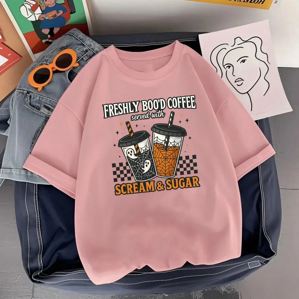 Halloween Freshly Boo’d Coffee Shirt Halloween Spooky Season Shirt Halloween Coffee Lover Shirt O-neck Streetwear Tops