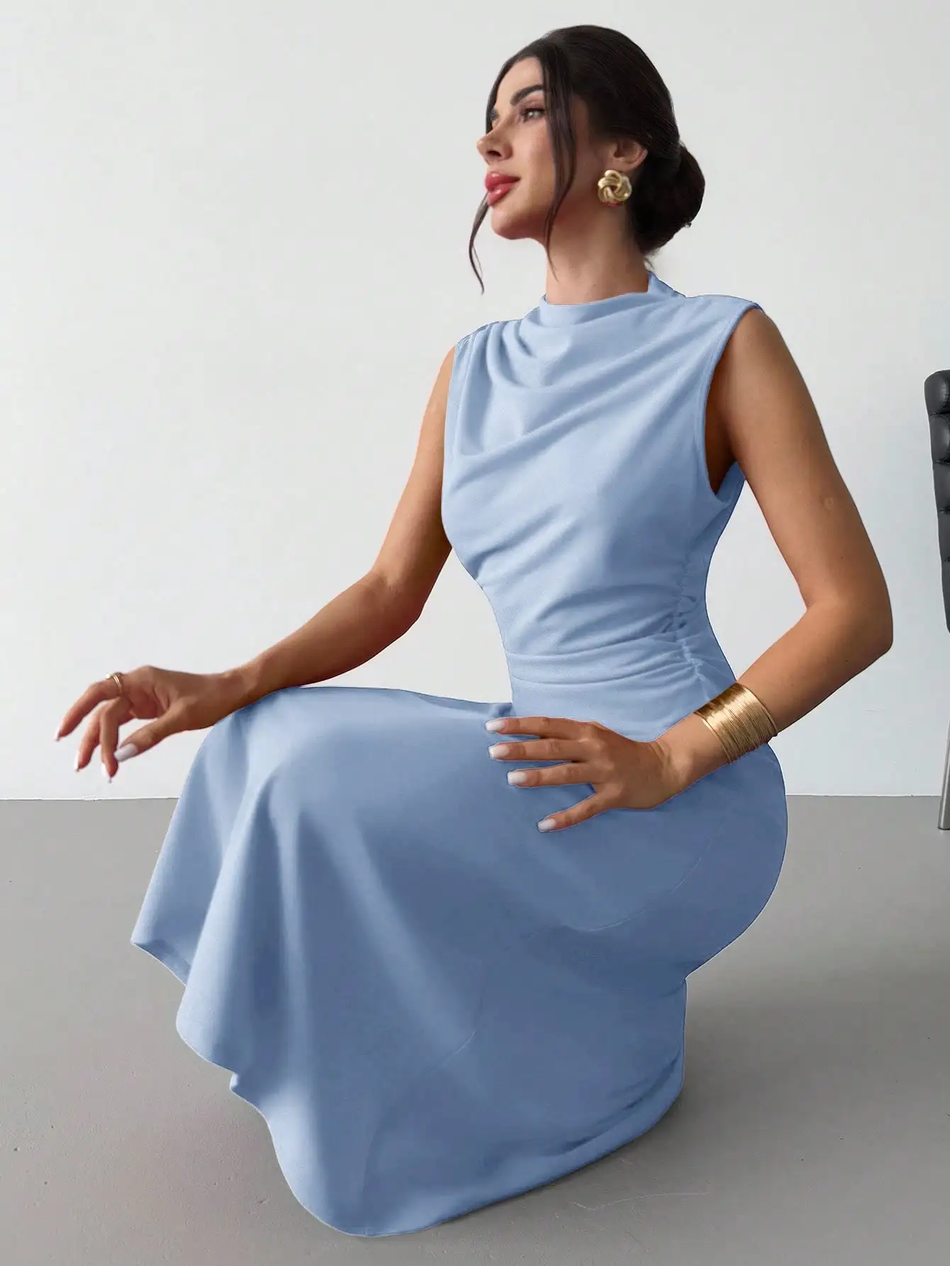 

Women's Light Blue Sleeveless Pleated A-Line Midi Dress with High Neck and Side Ruching