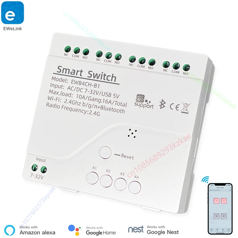 

eWeLink 4-канальный интеллектуальный Wi-Fi Bluetooth беспроводной модуль сухого контактного реле, пульт дистанционного управления через приложение, работает с Alexa Google Home
