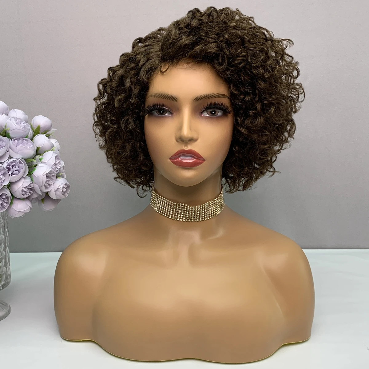 Miss Rola Brazilian Short Pixie Cut Wigs Brown Curly Human Hair Wig Side Part Lace Wigs Human Hair Remy 8 Inch 180% Density