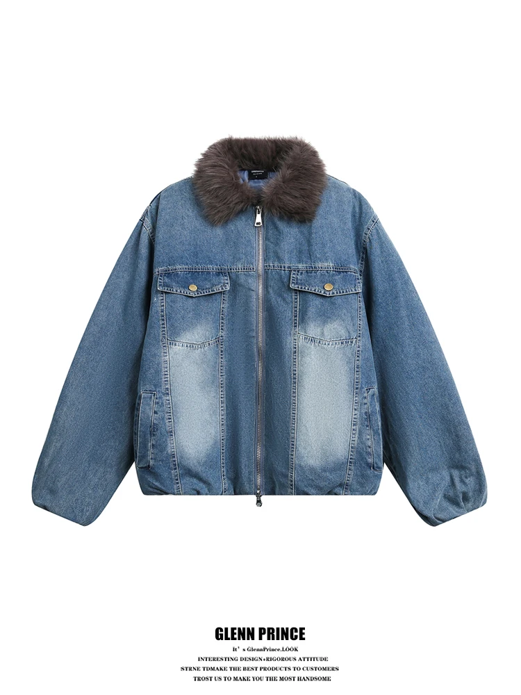 

Мужская зимняя теплая куртка GPstudio Retro Mountain Eagle из утолщенного денима с меховым воротником, свободного кроя, с множеством карманов