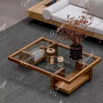 J Minimalist Solid Wood High-end Light Luxury Glass Coffee Table Living Room Household Medieval Small Tea Table Japanese Low Tab