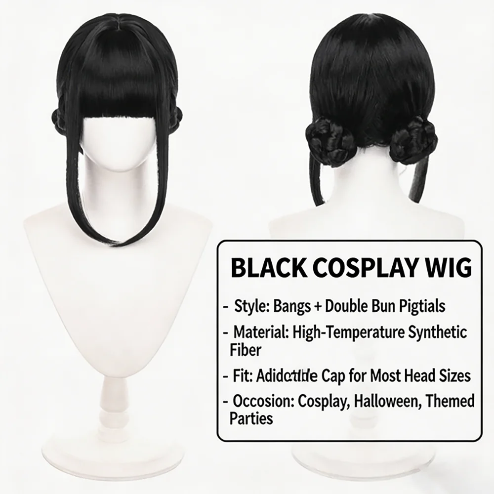 Double Bun Cosplay Wig With Bangs Black Dark Purple Zoey Heat Resistant Synthetic Full Wig For Women Daily Wear Anime Party