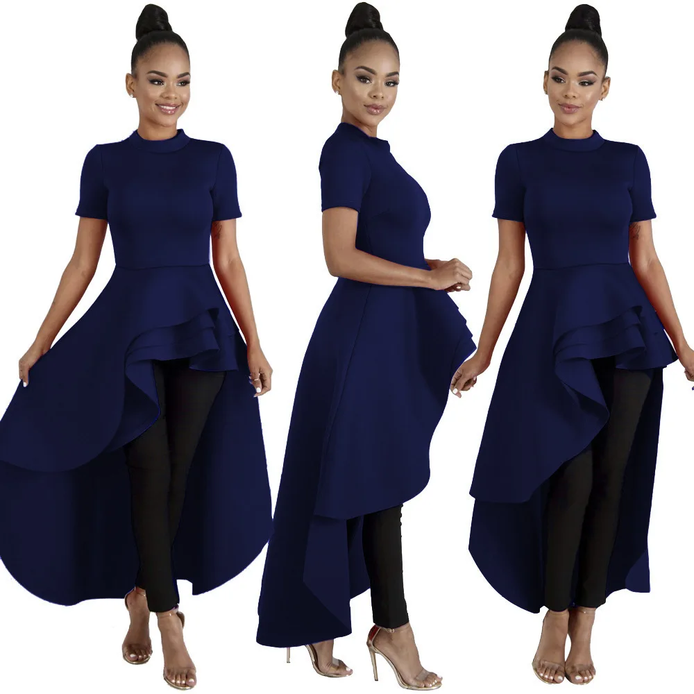 Plus size Women\'s Evening Dress Irregular Ruffle Short Sleeves Skirt Solid Color Zipper Sexy Temperament Party Dresses