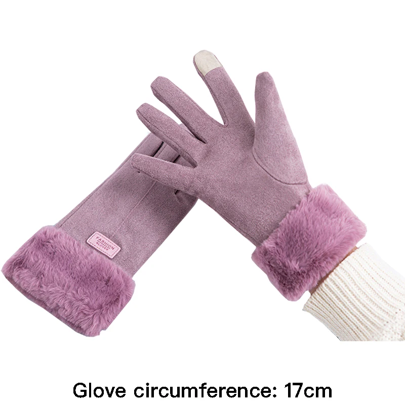 

High quality winter suede gloves for women fur lining hand warmer new 2024 cycling outdoor elegant gloves pink purple black