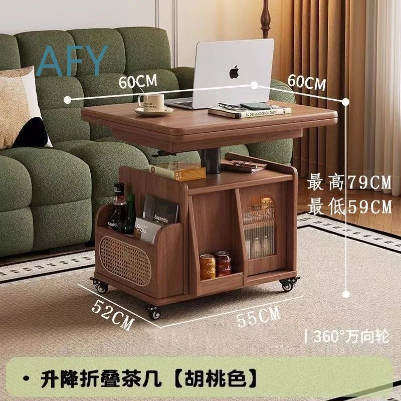 Foldable Multi-Functional Tea Table with Wheels for Small Living Room Balcony Mobile Side Table Height Adjustable Wooden Side