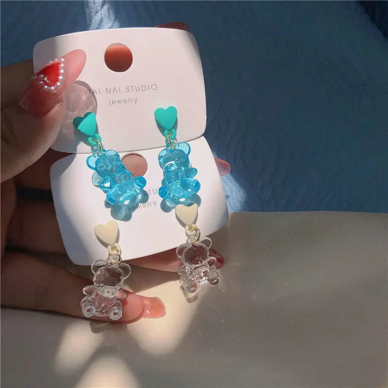 Kiss Jewelry Transparent Colorful Cute Y2K Bear Drop Earrings for Women Hear Piercing Ear Stud Korean Fashion Kpop Brincos 2023