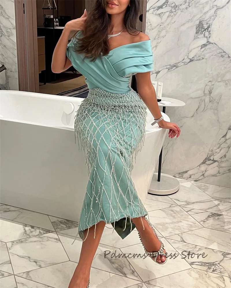 Arabic Mermaid Woman Evening Dresses Off The Shoulder Graduation Elegant Tassel Beaded Party Gowns Formal Occasion Prom Dress