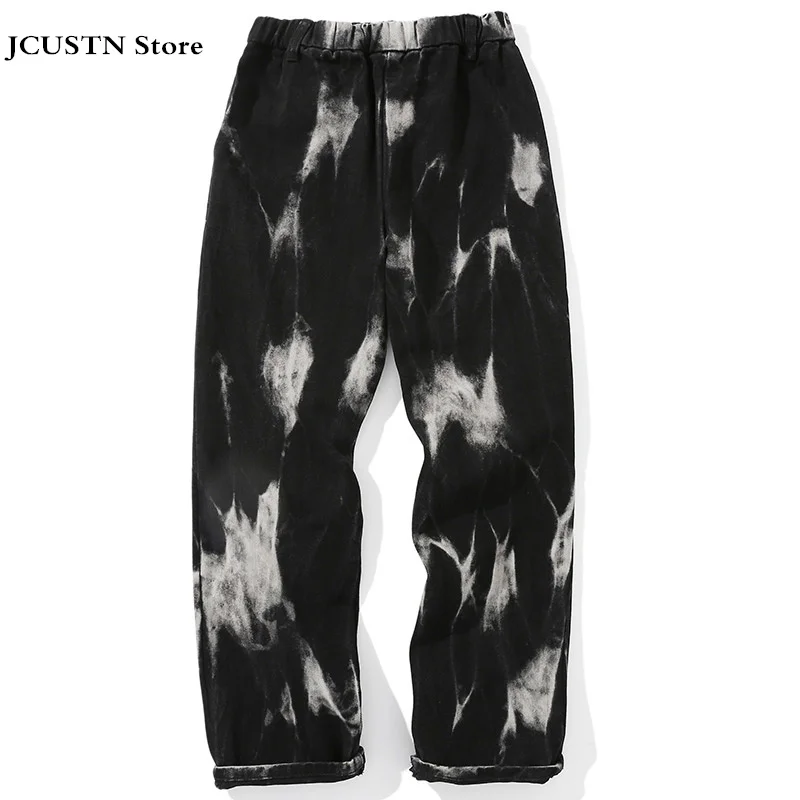 Men Tie Dye Jeans Baggy Elastic Waist Trousers Straight High Street Pants Male Punk Cool Streetwear Diablo Style Denim Pants