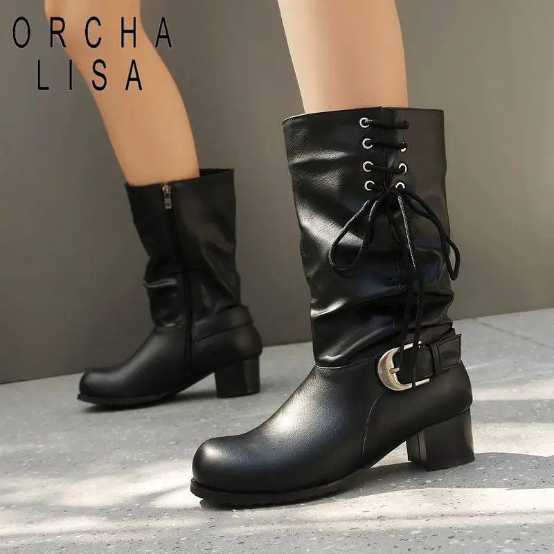 ORCHA LISA  Womens Ankle Calf Boots Curved Toe 4.5cm Chunky Sole Lace Closure Multi Tone Wide Fitting 41 42 43 Casual Botas