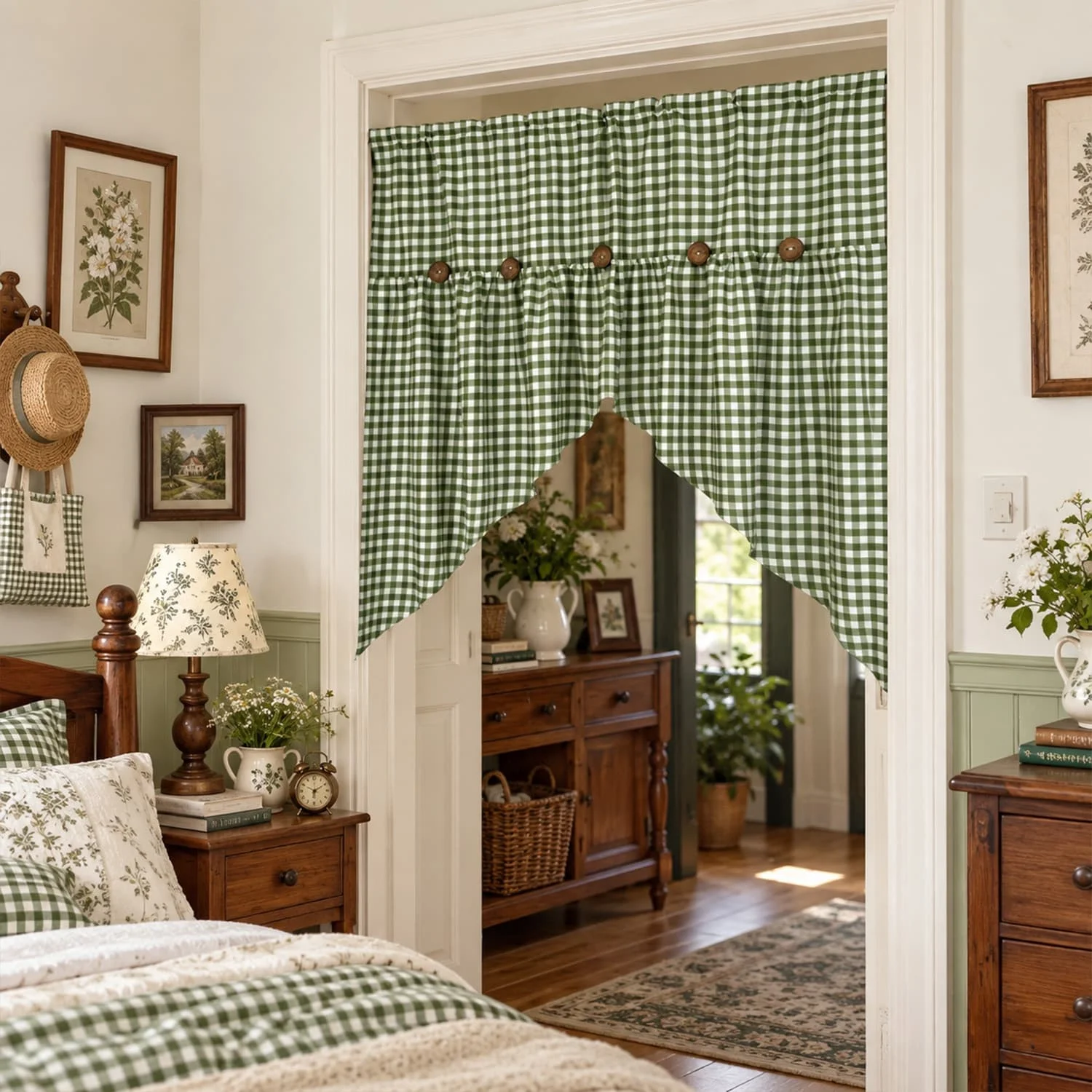 Green Gingham Farmhouse Kitchen Curtain with Buttons Trim,Rustic Cottage Window for Kitchen Sink Laundry Room,Xmas Mood Decor