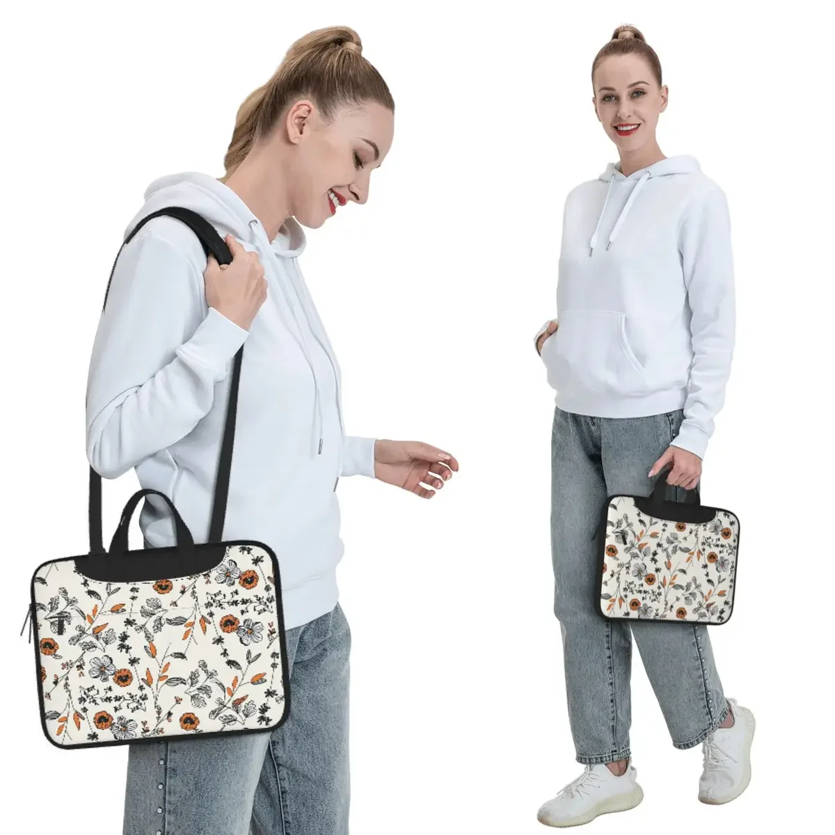 Orange Flower Pattern Crossbody Laptop Bag Case Computer Bag 13 14 15.6 Inch Notebook Pouch for Macbook Pro Lenovo