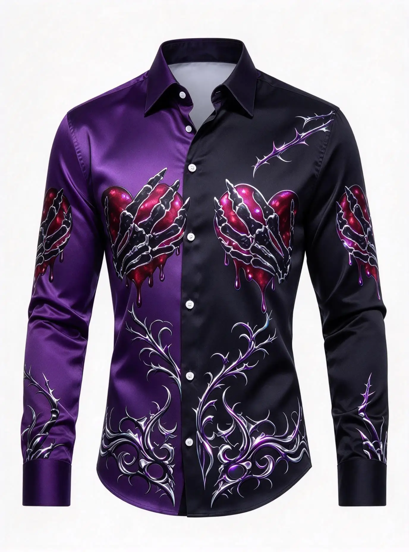 Men Gothic White Long Sleeve Shirt, Skeleton Hand Bleeding Heart Vine Full Print Button Down Blouse
