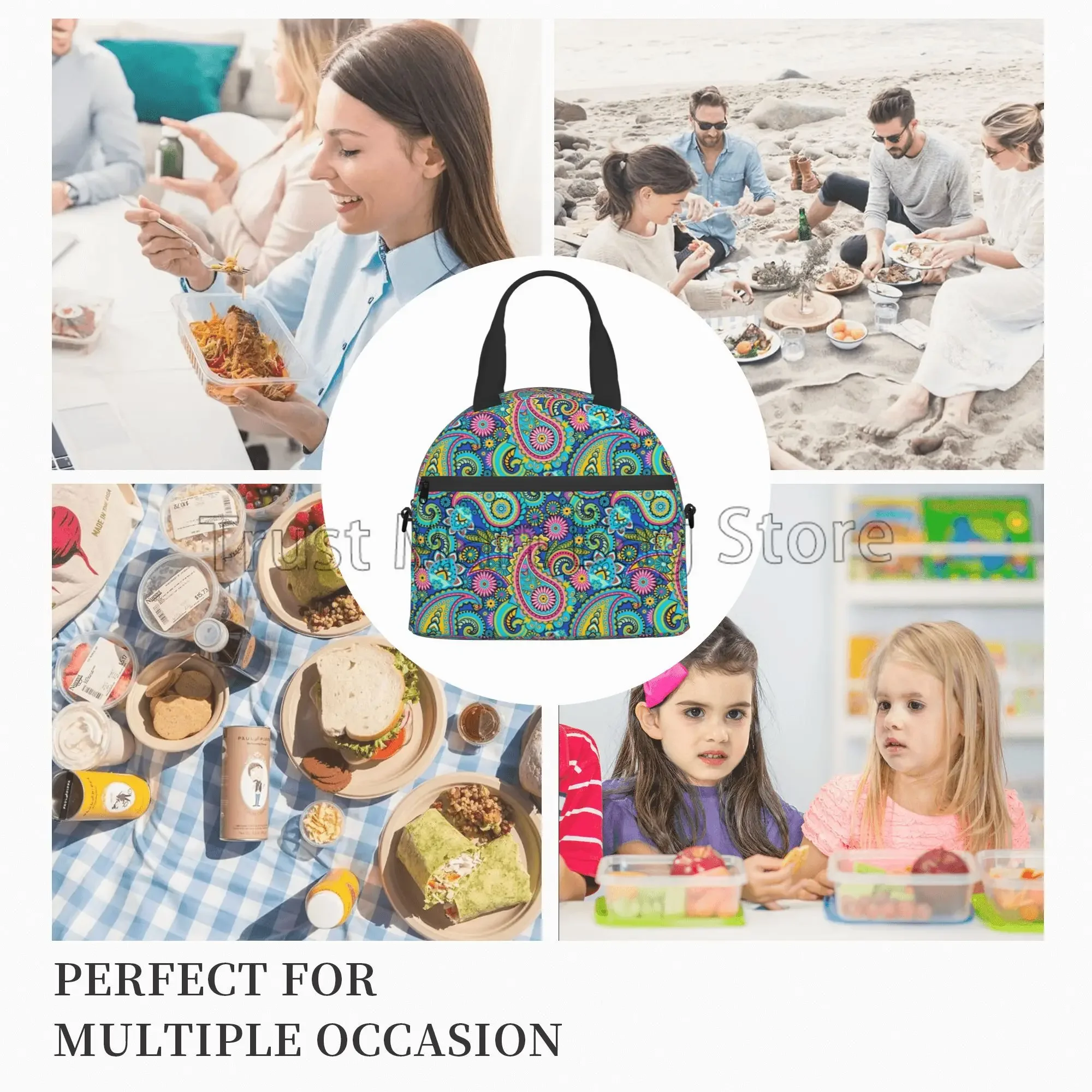 Paisley Pattern Insulated Lunch Bag Women Waterproof Reusable Lunch Box Cooler Thermal Bento Tote with Adjustable Shoulder Strap