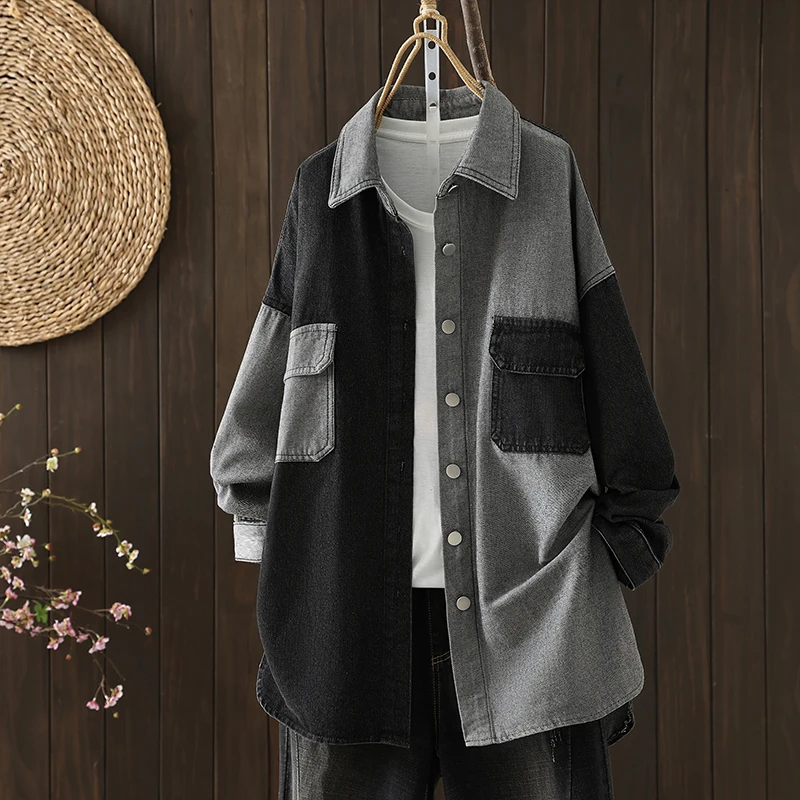 Retro Distressed Color Block Denim Jacket Women's Loose Slim Fit Collar Long Sleeve Top Breathable Polyester Cotton Blend