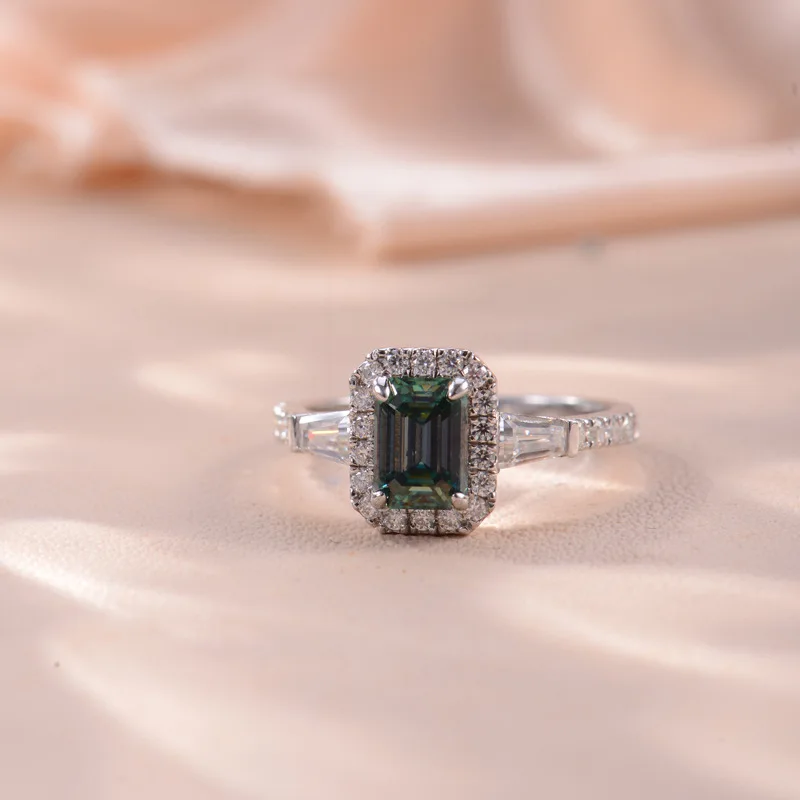 5 * 7mm emerald cut green moissanite over diamond pen silver plated 18k gold women's all moissanite ring unique design wedding engagement Valentine's Day/commemorative gift birthday gift anniversary commemorative gift