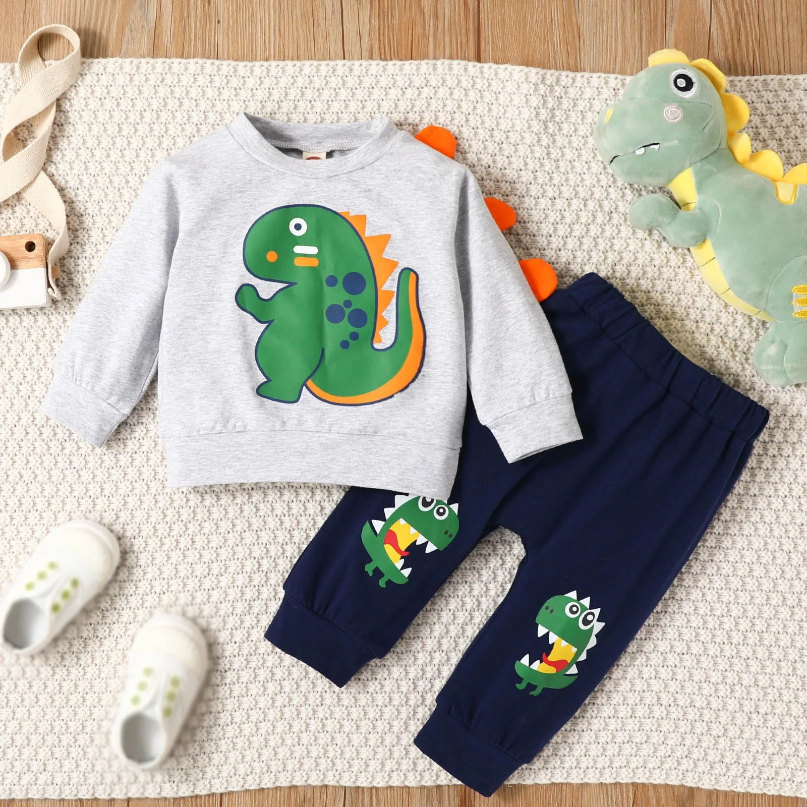 2Pcs Infant Baby Boys Clothes Sets Cartoon Dinosaur Print Long Sleeve Pullovers+Pants Sets Two Piece Outfits 3 6 12 24 Months