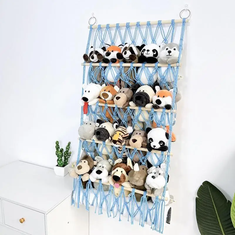 Estante para animales de peluche de 4 capas, organizador bohemio para colgar, almacenamiento de felpa bohemio, organizador de juguetes de macramé, hamaca ajustable en altura