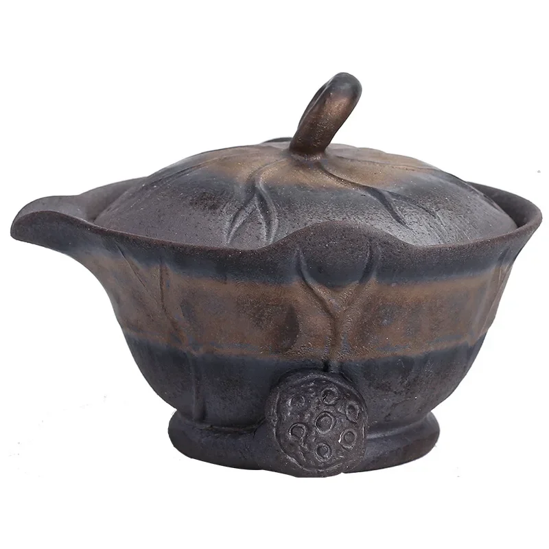 Lotus Leaf Hand-Held Pot Old Rock Mud Gilt Iron Glaze Kung Fu Tea Set Handmade Coarse Pottery Teapot Tea Bowl  Ceramic Gaiwan