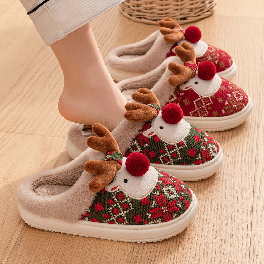 

Christmas Elk Plush Slippers Warm Slip-on House Shoes Comfortable Furry Reindeer Slipper Soft Couple Slippers for Indoor Bedroom