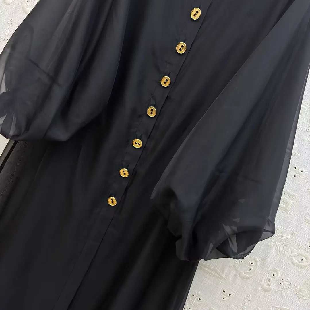 New Spring Fashion Sheer Transparent Two-piece Dress Set Women Lapel Lantern Sleeve Gold Button Chic Black Long Party Dresses