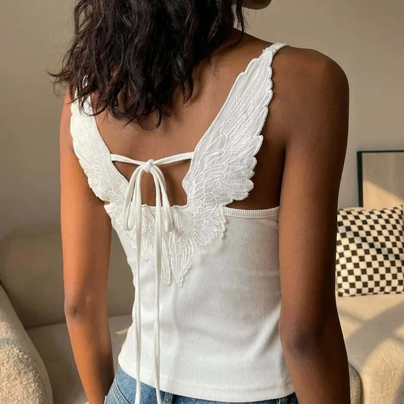 Angel Wings Vest 3D Embossed Wings Embroidery Spaghetti Strap Vest Y2K Women Gothic Fashion Summer Sexy Slim Backless Short Top