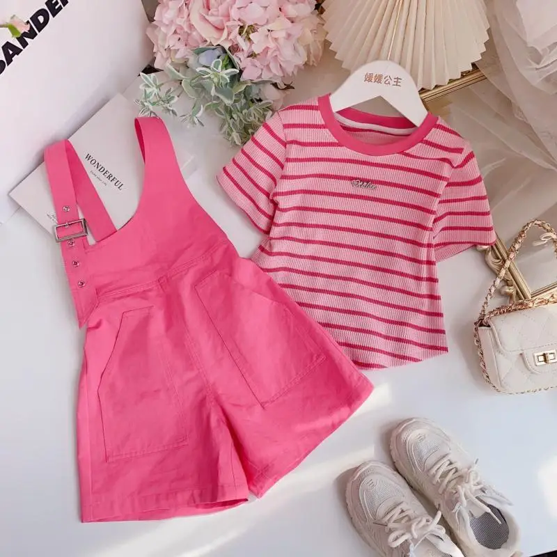 4-15Year-Old Girls Summer Suit Korean Style New Striped Short Sleeve Girls Fashion Suspender Pants Two-Piece Suit Girl Clothes