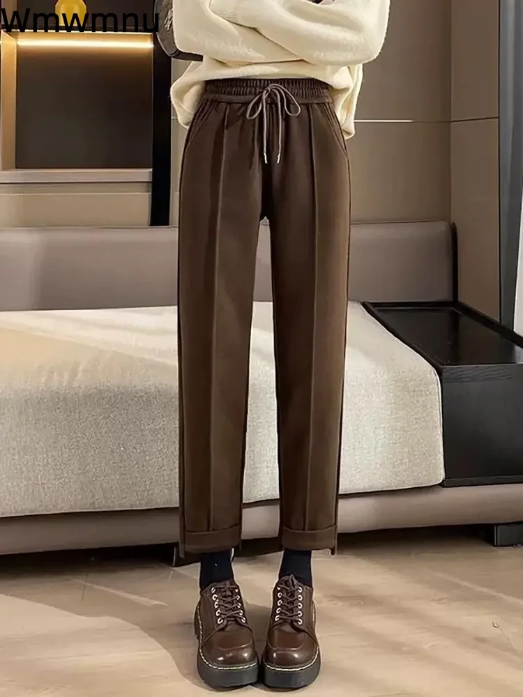 

Прямые брюки на шнуровке с высокой талией, женские повседневные мешковатые модные брюки, утепленные шерстяные брюки до щиколотки