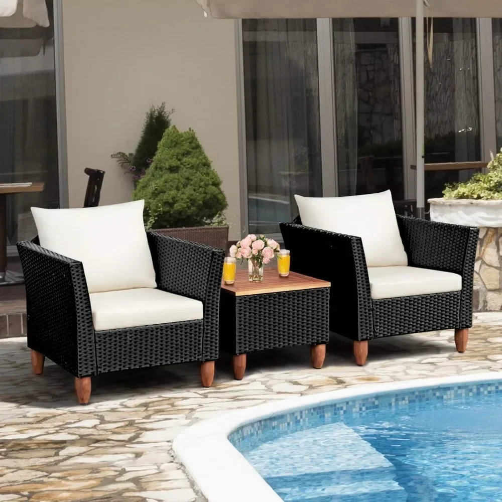 Patio Furniture Set, Patiojoy Outdoor Wicker Rattan Bistro Sofa Set w/Washable Cushion, Acacia Wood Top Coffee Table