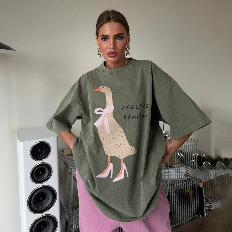 2026 Summer New Fashion Printed Five-sleeved T-shirt for Women Loose Casual Hot Girl American Niche Street Style Short-sleeved