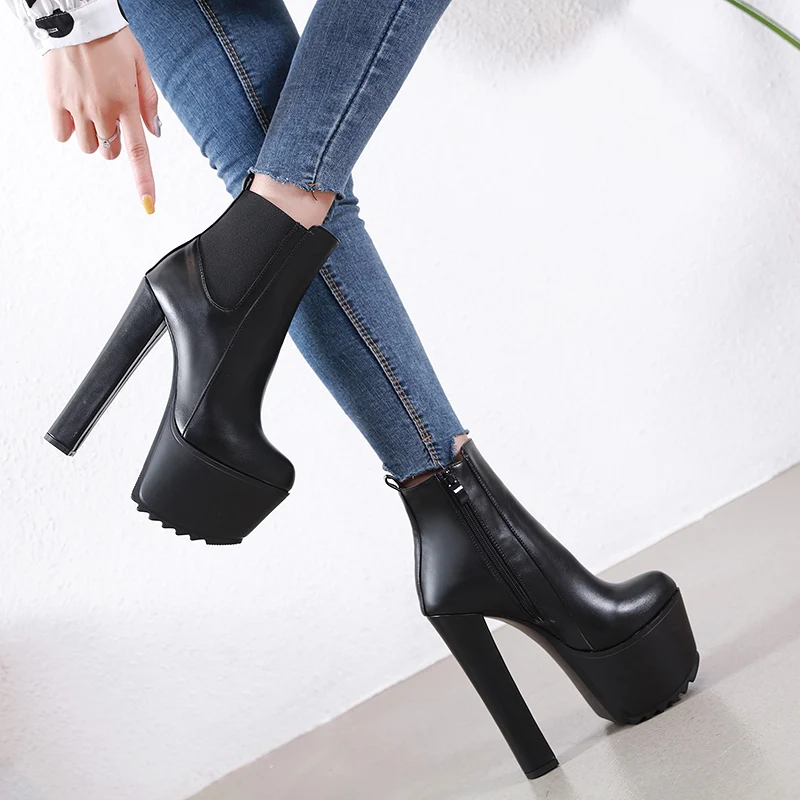 New Arrival 16CM High Heel Women\'s Short Boots Leather Spring Autumn Winter Women Ankle Boot Platform Thick Heels Women Shoes 40