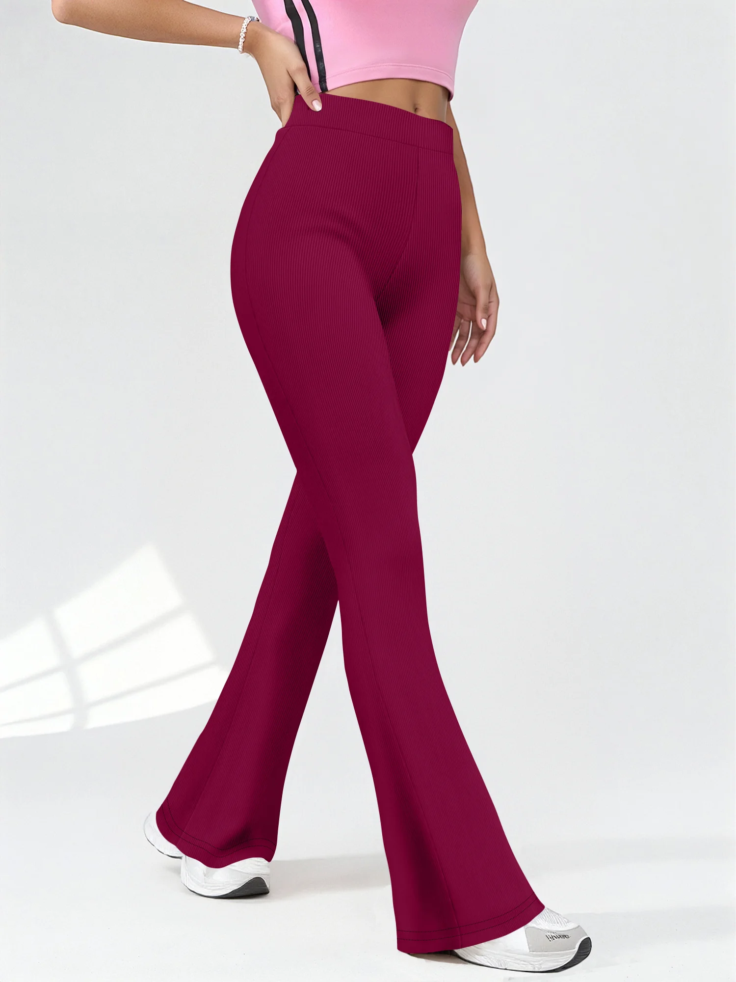 Ladies Ribbed Textured Flare Pants, High Waist Elastic Bodycon Trousers, Flowy Wide Hem Design Yoga Training and Daily Dating